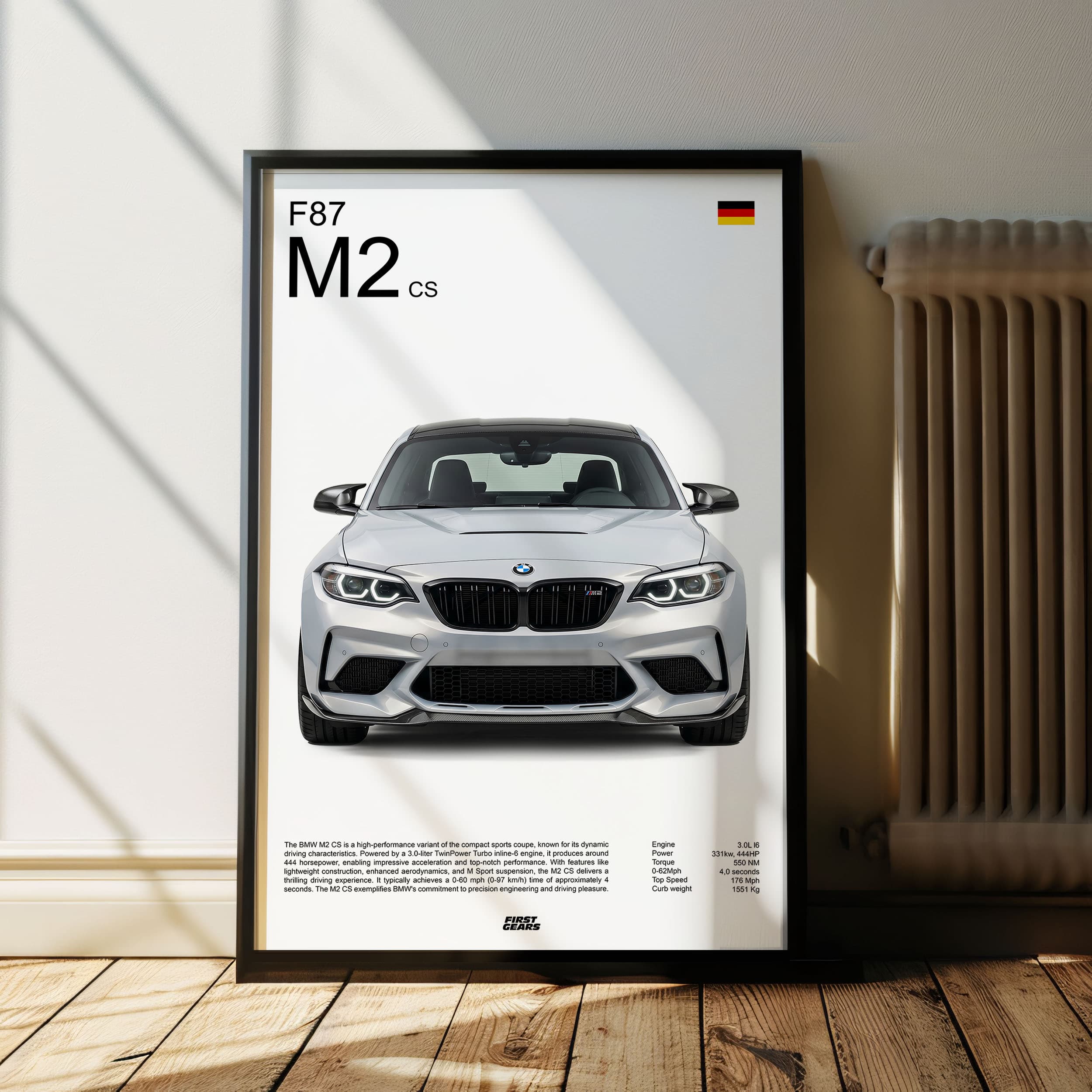 Framed automotive specification poster in a sunlit interior